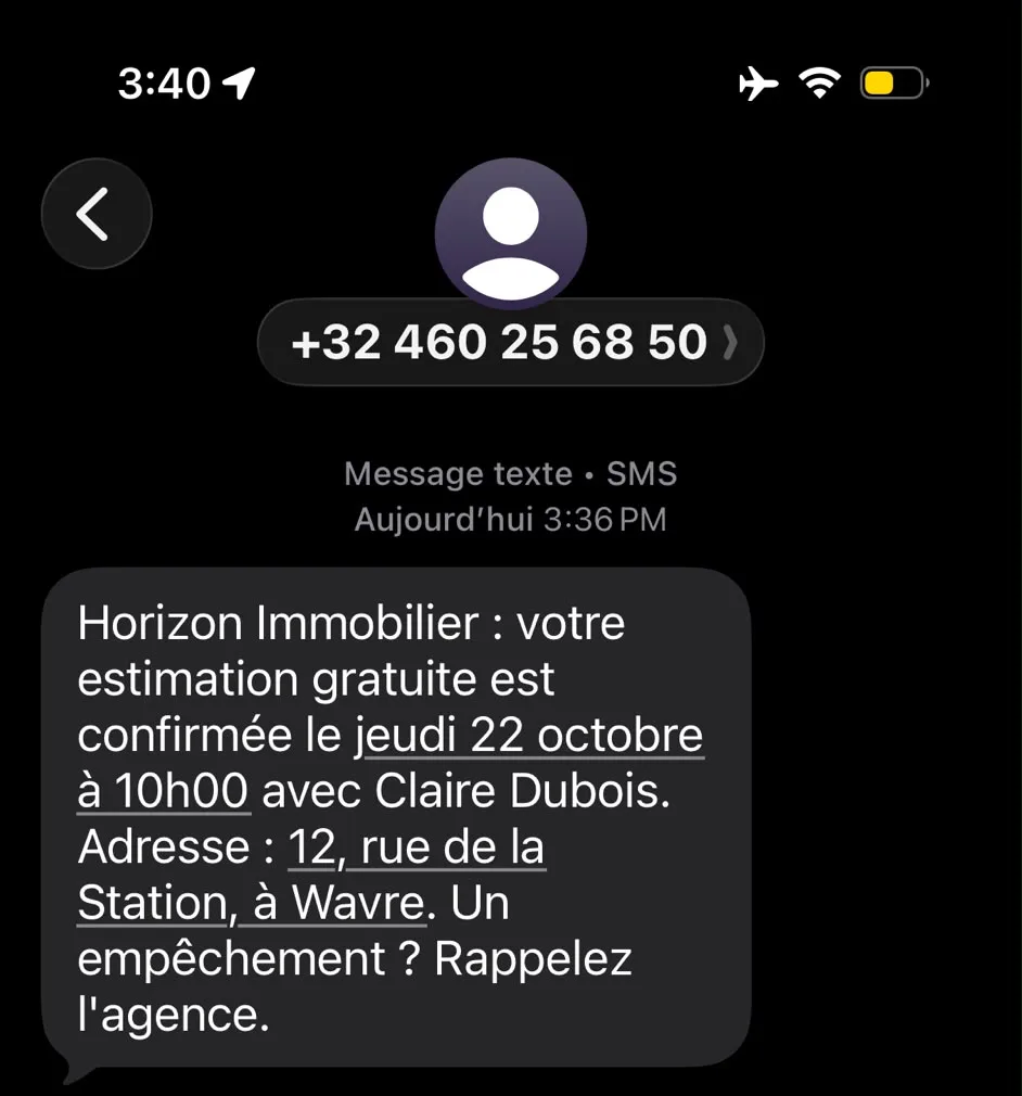 SMS de confirmation de rendez-vous reçu par le vendeur sur son téléphone